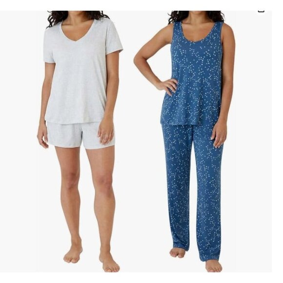 NEW Eddie Bauer Womens M 4-Piece Sleep Set Gray/Blue Tank T-Shirt Shorts & Pants - Picture 1 of 6